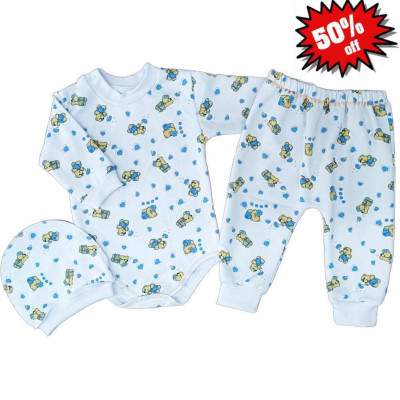 Комплект ясельний утеплений (боді з довгим рукавом+штани+шапочка) "Ведмедики"